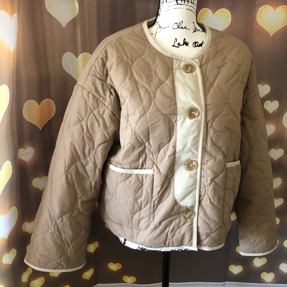 Coat jacket reversible cozy khaki beige tan pocket quilted puff women’s Teddy - Picture 3 of 13